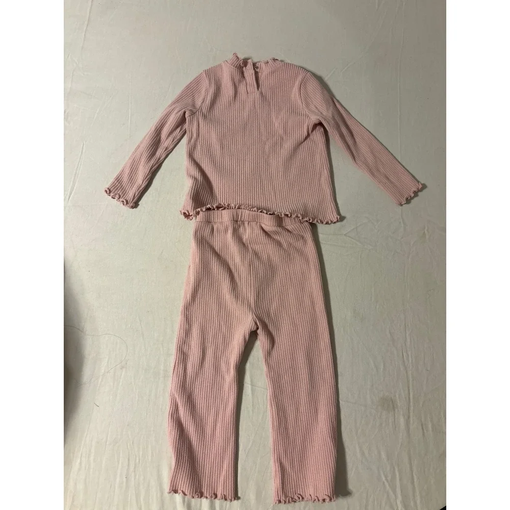 Old Navy 2-Piece Ribbed Set Toddler 18-24M Pink Excellent Lettuce Trim Flare Leg